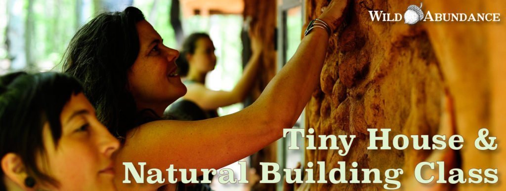 people applying natural plaster to an earthen wall in a natural building and tiny house course