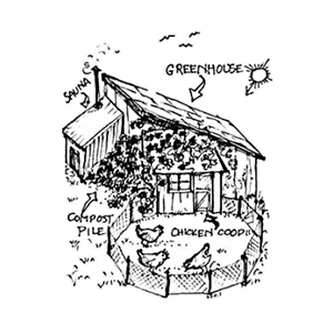 line drawing of a permaculture homestead