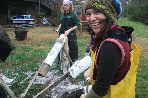 women scraping beams brain tanning