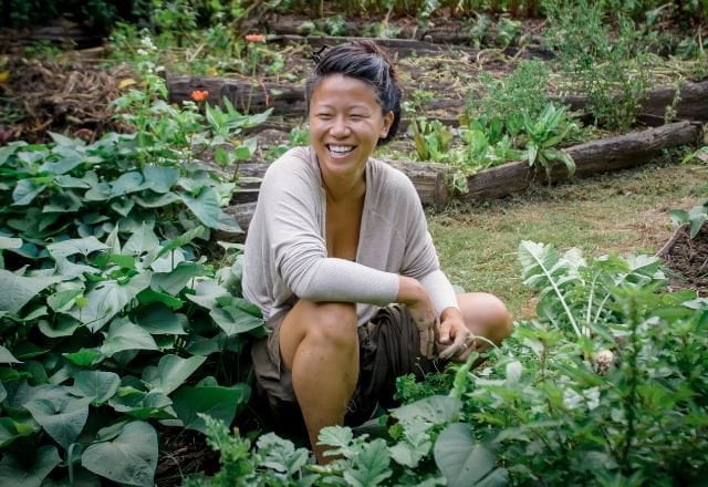 woman working in permaculture garden