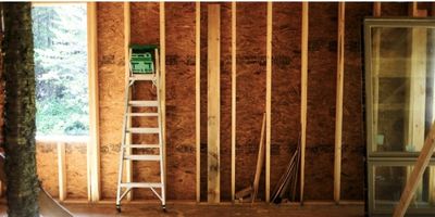 ladder and framed wall in tiny house