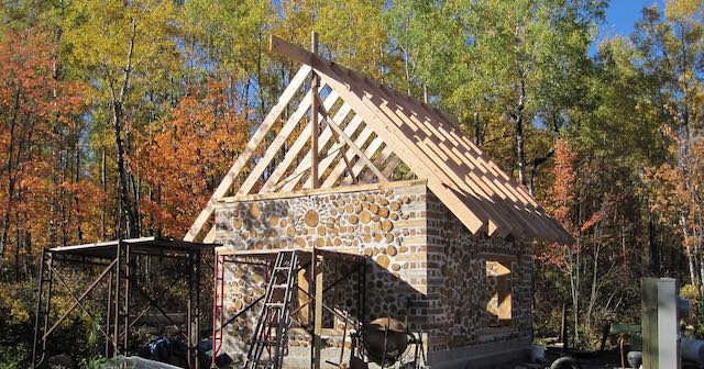 cordwood ecological tiny house cabin under construction