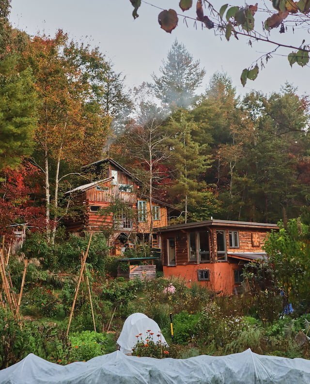Exterior of two log cabin tiny houses shown during tiny house class tour