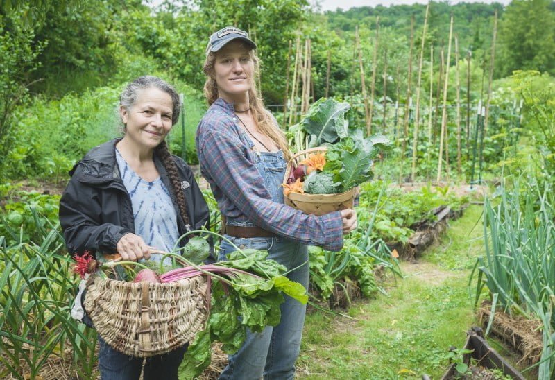 permaculture gardeners with baskets full of vegetables