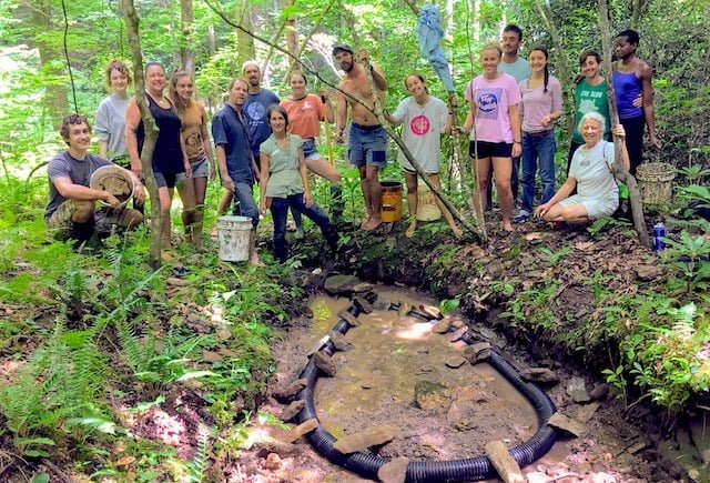 Students exploring water systems during permaculture design course