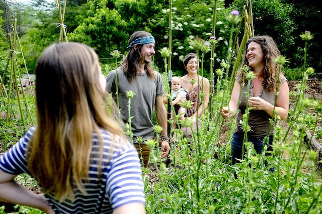 Students and instructor laugh during permaculture apprenticeship