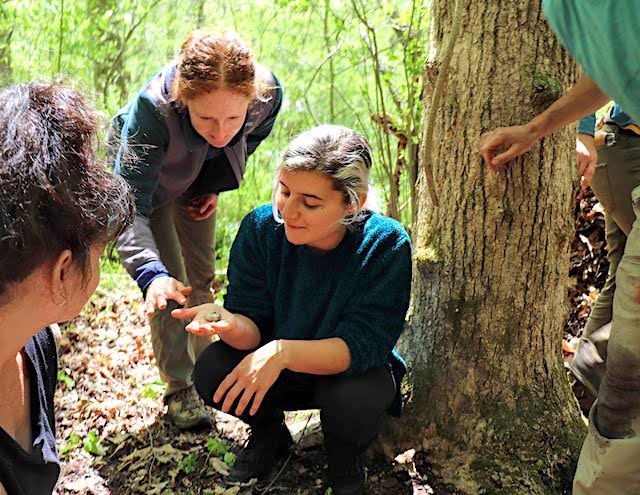 Students in a survival skills class gathered around someone holding up a mushroom
