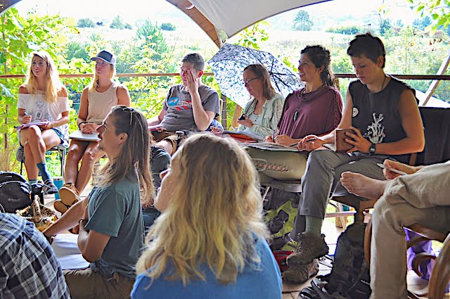 Students sit and listen attentively during permaculture design course