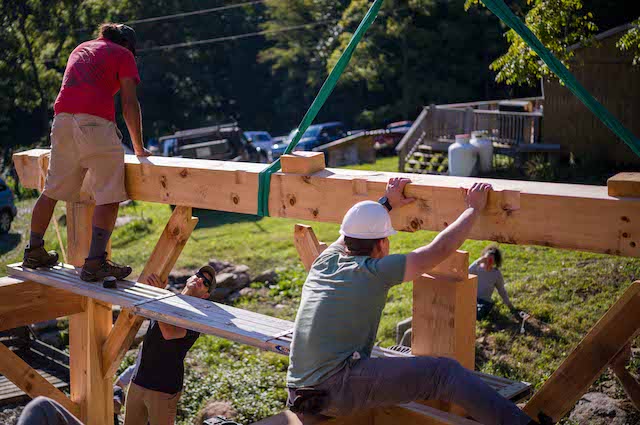 Fitting mortise and tenon timber frame during a class