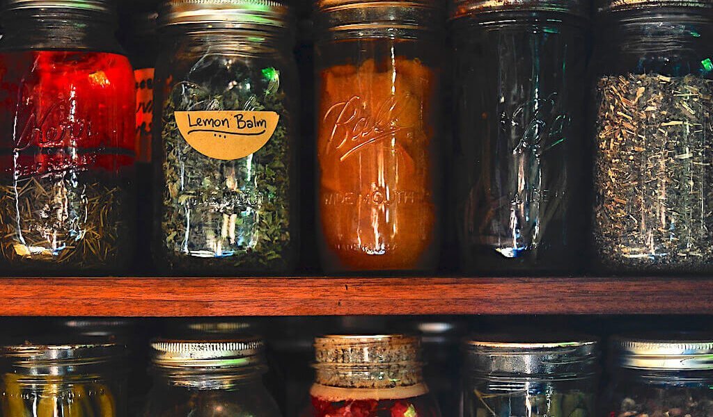 Jars of pickles and herbs made during permaculture design course