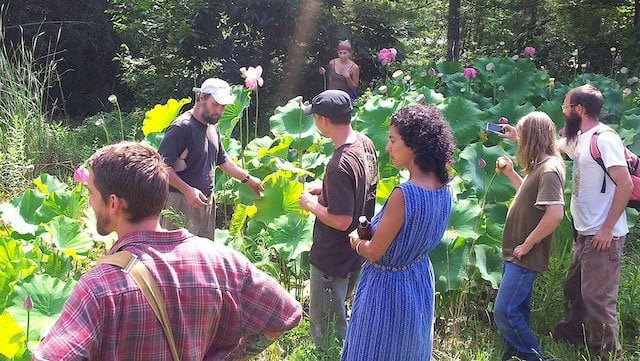 Permaculture instructor teaches in garden during design class