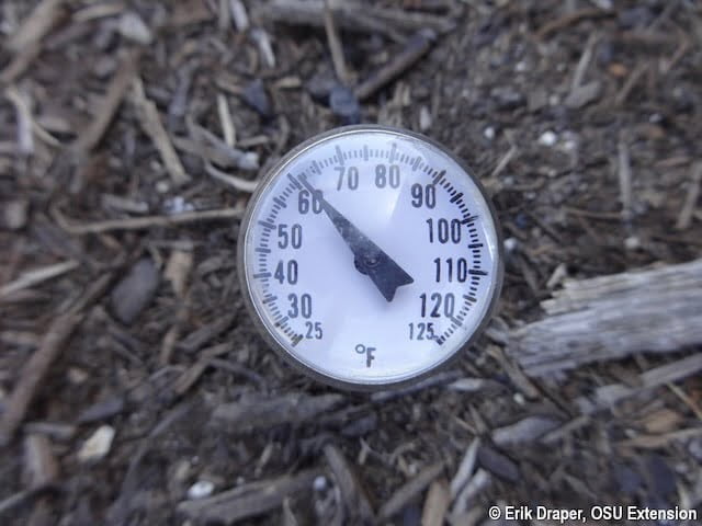 soil thermometer reading around 60 degrees farenheit
