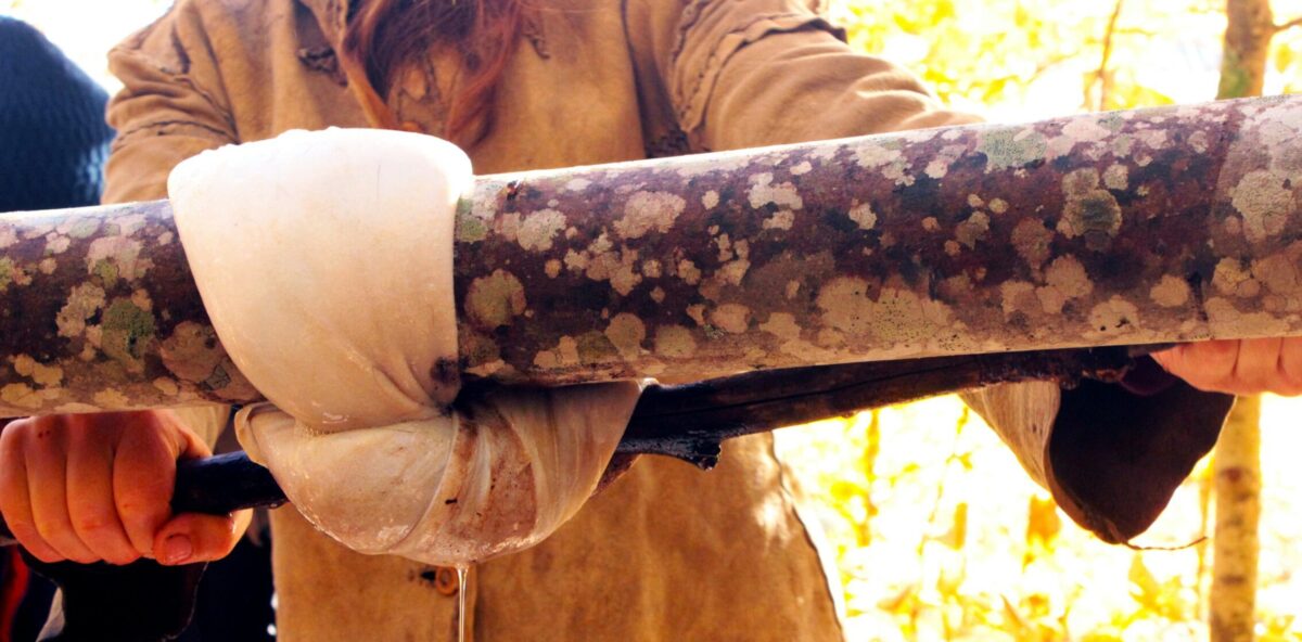 Closeup of a scraped and soaked deer hide being wrung out for the next step in the process of how to tan a hide during a hide tanning class at Wild Abundance