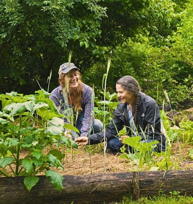A younger and an older female smile and talk as they transplant starts into the garden during spring as part of a gardening and permaculture apprenticeship program at Wild Abundance