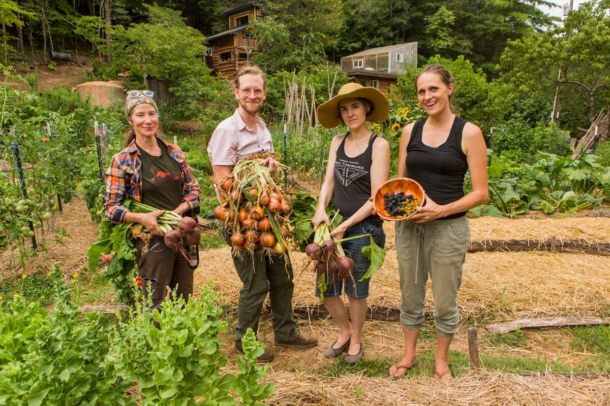 STew-6889-beets harvest-p&G apprentices (1) Permaculture and Gardening Apprenticeship students smile holding a harvest of garden vegetables after a day of learning by doing at Wild Abundance