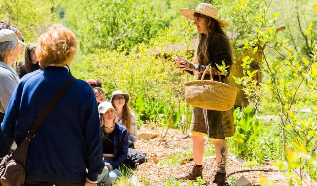 Instructor Rebecca Beyer leads students on a plant identification and foraging walk around the permaculture food forest landscaping of the Wild Abundance campus during an herbal medicine-making class