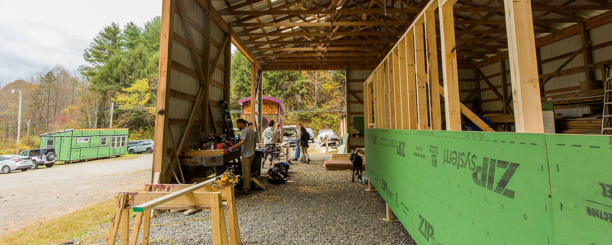 A wide shot of the tiny house building workshop space at Nanostead