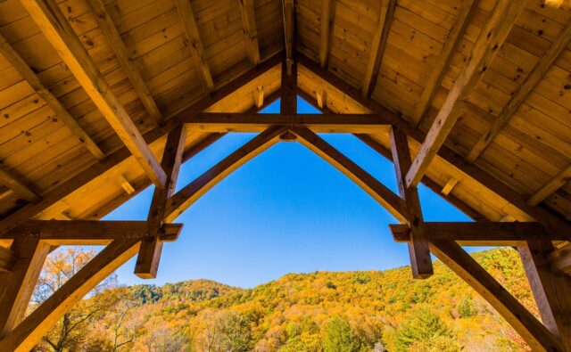 View of the mountains from inside the Timber Framed Teaching Pavilion at Wild Abundance's Paint Fork Campus