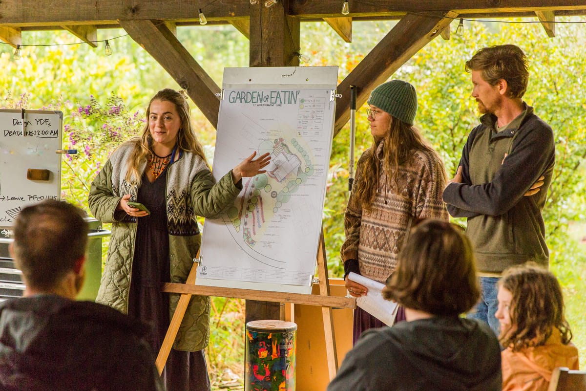 A group of permaculture students explain their intricate landscape plans with  plant labels and coloring as they present their final project to earn their permaculture design certificate at the annual Wild Abundance PDC