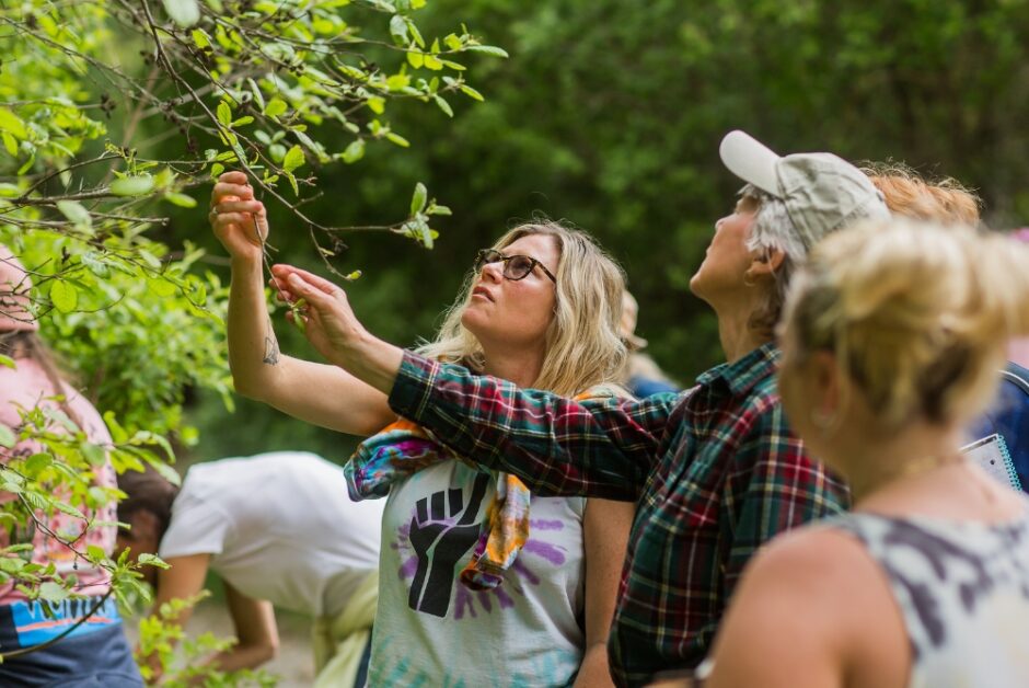 Women in an herbal medicine making class practice plant identification on a nature walk with an herbalist instructor