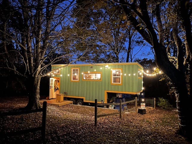 A tiny house built by students in a Wild Abundance workshop seen from the outside at night