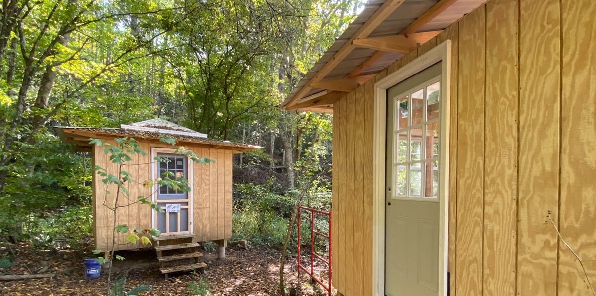 Simple sleeping structures (a.k.a. cottages) are available for students to book during their stay on campus for a workshop at Wild Abundance. Camping with your own tent is always free!