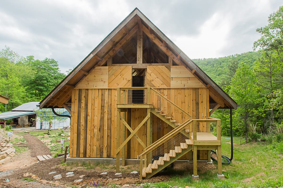 Up some stairs above the teaching pavilion at Wild Abundance students can rent a bunk in a shared dorm loft during their class if they want to stay on campus for a workshop